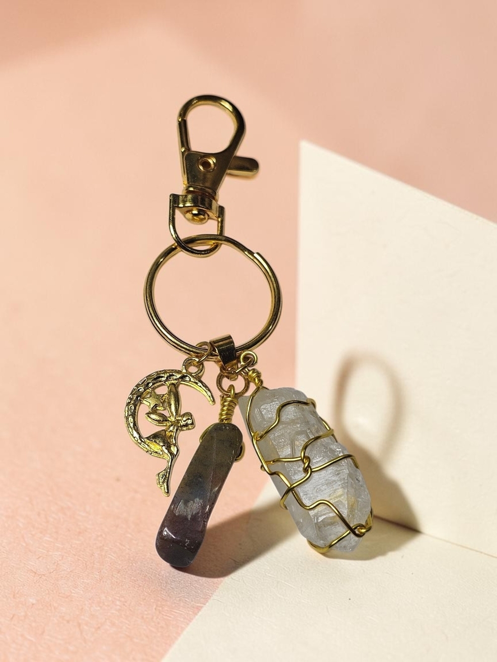 Gold-Tone Crystal Charm Keychain with Moon Pendant - Clear & Brown Crystals - Picture 2 of 5